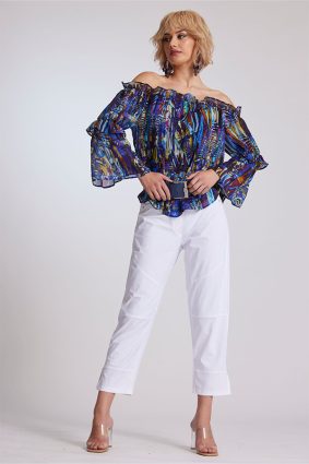Paula Ryan Ruffle Neck Blouse Mosaic Print