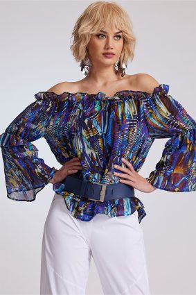 Paula Ryan Ruffle Neck Blouse Mosaic Print