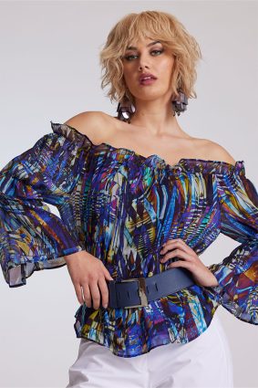 Paula Ryan Ruffle Neck Blouse Mosaic Print