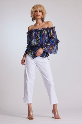 Paula Ryan Ruffle Neck Blouse Mosaic Print