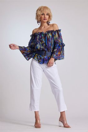 Paula Ryan Ruffle Neck Blouse Mosaic Print