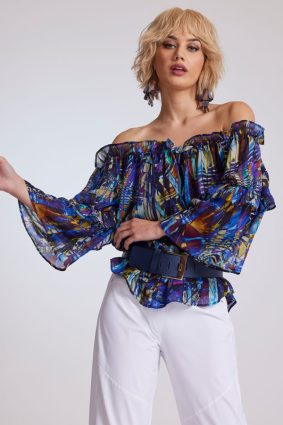 Paula Ryan Ruffle Neck Blouse Mosaic Print