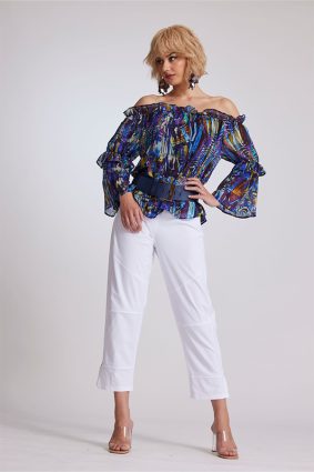 Paula Ryan Ruffle Neck Blouse Mosaic Print