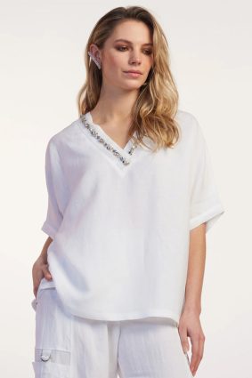 Paula Ryan Beaded V Linen Sweater White