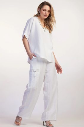 Paula Ryan Beaded V Linen Sweater White