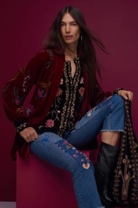 Johnny Was Quinn Velvet Mandarin Shirt Black