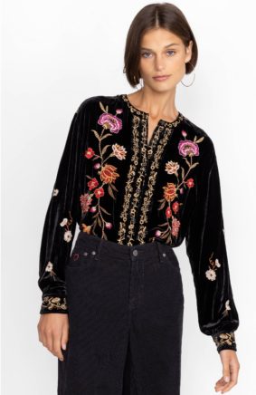 Johnny Was Quinn Velvet Mandarin Shirt Black