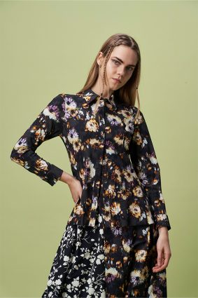 HIGH Mention Pleated Shirt Black Floral