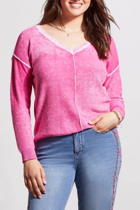 Tribal LS V-Neck Sweater WSpecial Wash Effect Hi Pink 4