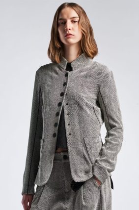 High Respect Stand Collar Jacket Grey Herringbone