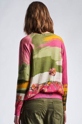 High Solitary Deer Crew Neck Sweater Green & Pink