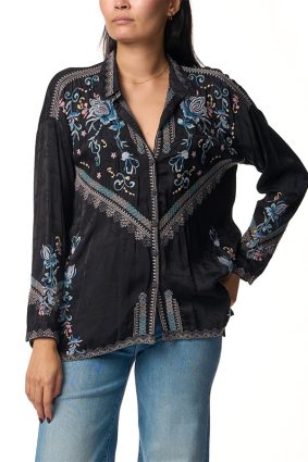 Johnny Was The Audrey Oversized Embroidered Blouse Sanded Black