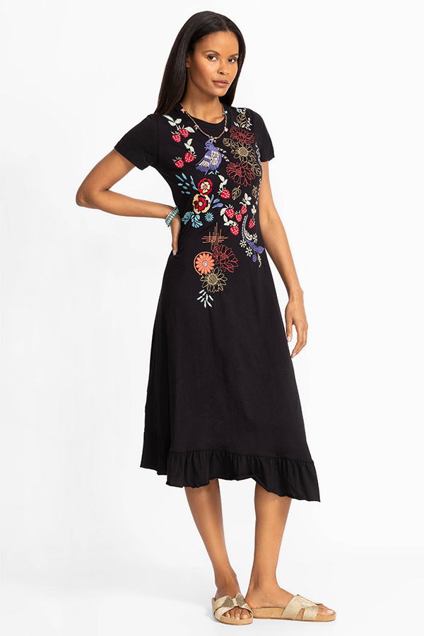 Johnny Was Asymmetric Ruffle Flounce SS Dress BLK