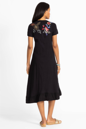 Johnny Was Asymmetric Ruffle Flounce SS Dress BLK