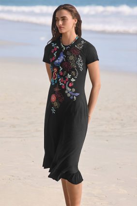 Johnny Was Asymmetric Ruffle Flounce SS Dress BLK