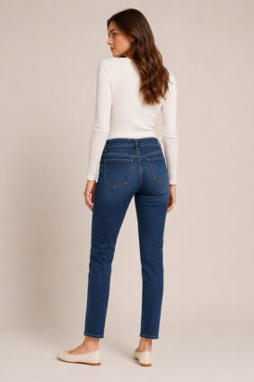 Atte Naomi Runway Blue straight leg jeans styled with a white long sleeve top.
