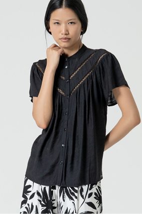 Surkanan Short Sleeve Blouse with Yoke Trim Detail Black