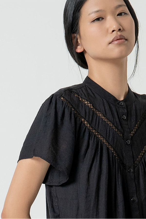 Surkanan Short Sleeve Blouse with Yoke Trim Detail Black