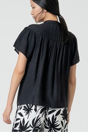 Surkanan Short Sleeve Blouse with Yoke Trim Detail Black