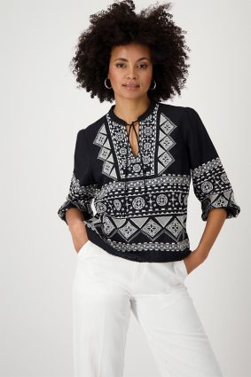 Monari Round Neck Blouse Embroidery Black