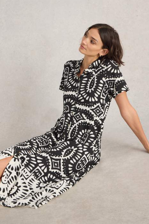 White Stuff Rua Jersey Shirt Dress Black Print