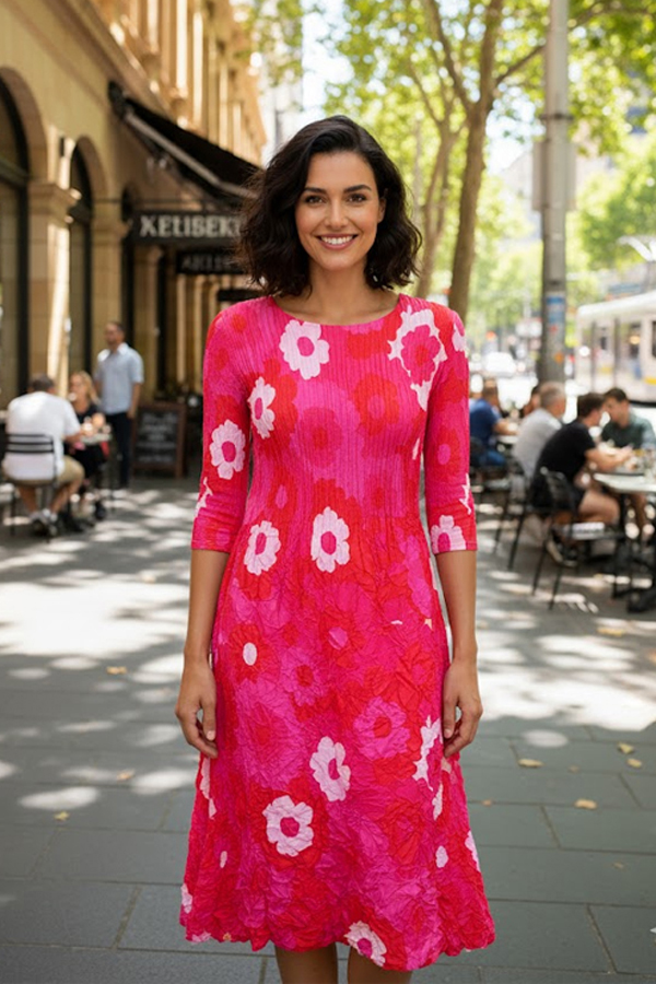 Alquema 3_4 Sleeve Smash Pocket Dress Pink Flower Spot