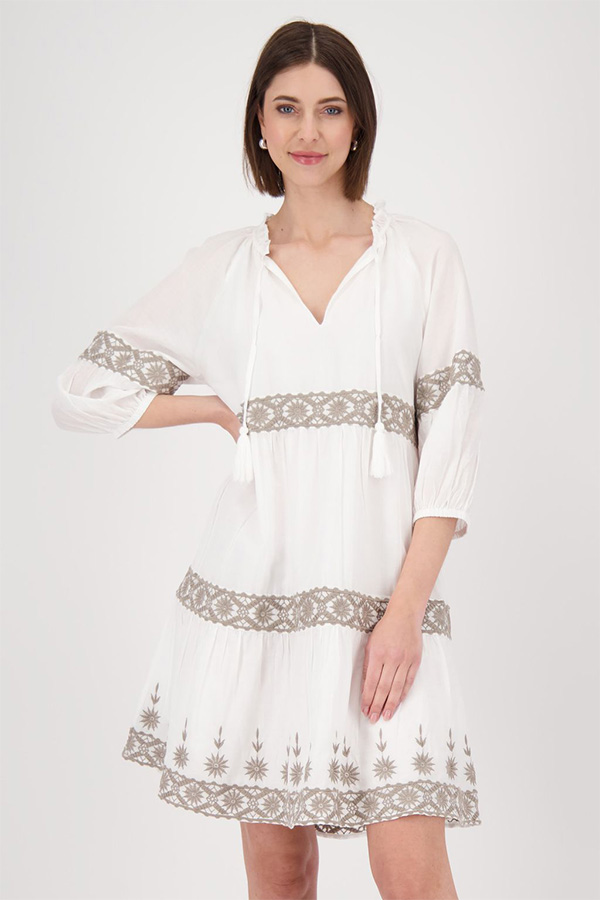 Monari Round Neck Dress Embroidery Cream