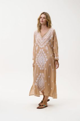 Oneseason Long Goa Embroidery Cotton Dress Mocha_White
