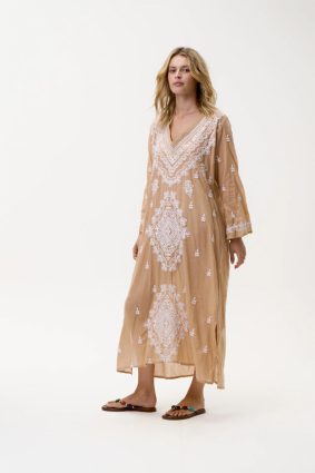Oneseason Long Goa Embroidery Cotton Dress Mocha_White