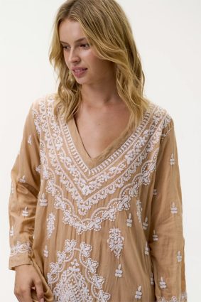 Oneseason Long Goa Embroidery Cotton Dress Mocha_White