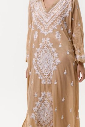 Oneseason Long Goa Embroidery Cotton Dress Mocha_White