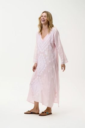 Oneseason Long Goa Embroidery Cotton Dress Pink_White