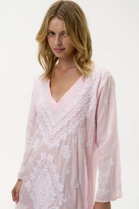 Oneseason Long Goa Embroidery Cotton Dress Pink_White