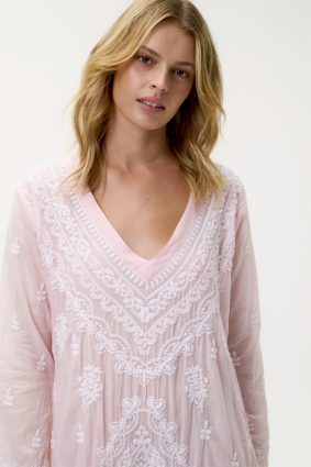 Oneseason Long Goa Embroidery Cotton Dress Pink_White