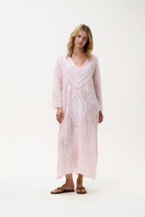 Oneseason Long Goa Embroidery Cotton Dress Pink_White