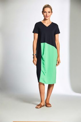 Peruzzi Pleat Front Colourblock Dress GreenNavy