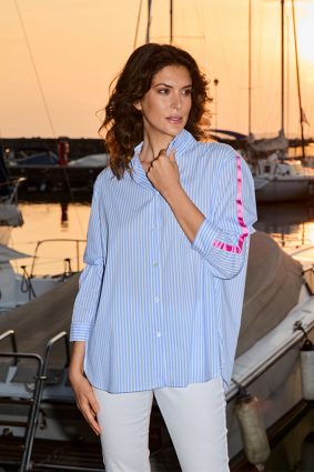 Peruzzi Stripe Shirt with Contrast Sleeve Blue