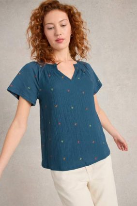 White Stuff Luella Embroidered Top Navy Multi