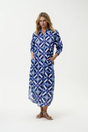 Oneseason Long Gilli Dress Floreat Cotton Blue Ikat