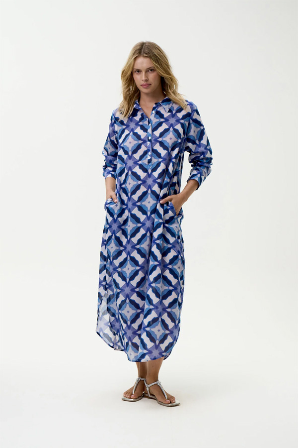 Oneseason Long Gilli Dress Floreat Cotton Blue Ikat