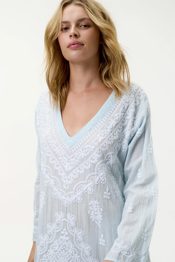 Oneseason Long Goa Embroidery Cotton Dress Pale Blue