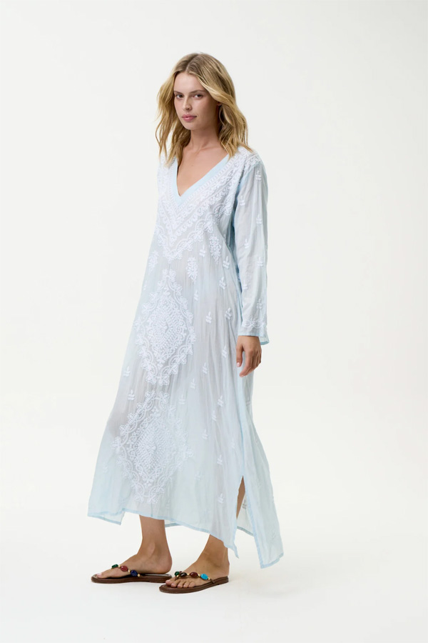 Oneseason Long Goa Embroidery Cotton Dress Pale Blue