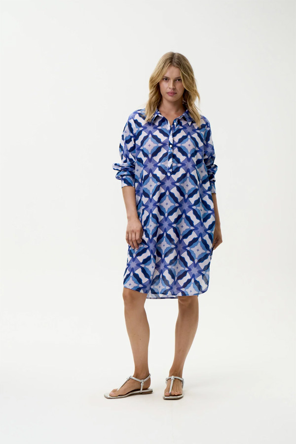 Oneseason Middy Gilli Dress Floreat Cotton Blue Ikat