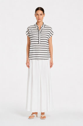 Mela Purdie Henley Tank in white and black stripes, a relaxed sleeveless women's top with a partial button placket.