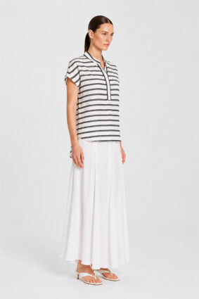 Mela Purdie Henley Tank in white and black stripes, a relaxed sleeveless women's top with a partial button placket.