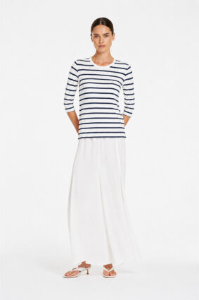 Mela Purdie Mid SL Top in white and black stripes, a classic crew-neck women's top with three-quarter sleeves.