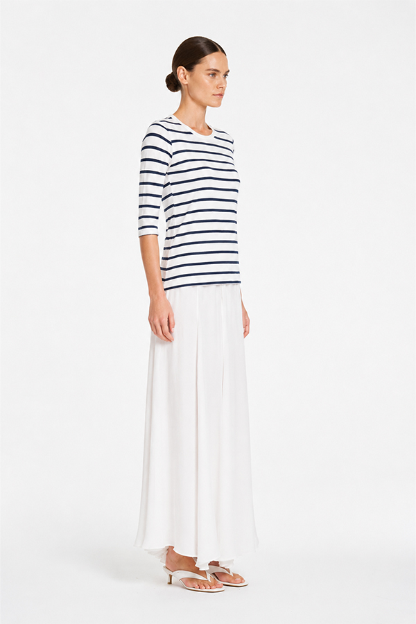 Mela Purdie Mid SL Top in white and black stripes, a classic crew-neck women's top with three-quarter sleeves.