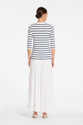 Mela Purdie Mid SL Top in white and black stripes, a classic crew-neck women's top with three-quarter sleeves.