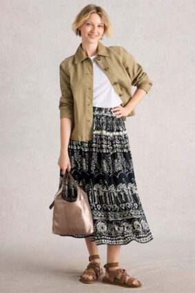 White Stuff Abigail Midi Skirt Navy Print