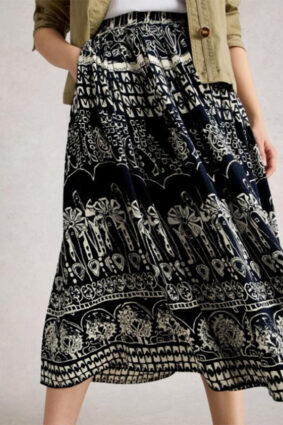 White Stuff Abigail Midi Skirt Navy Print